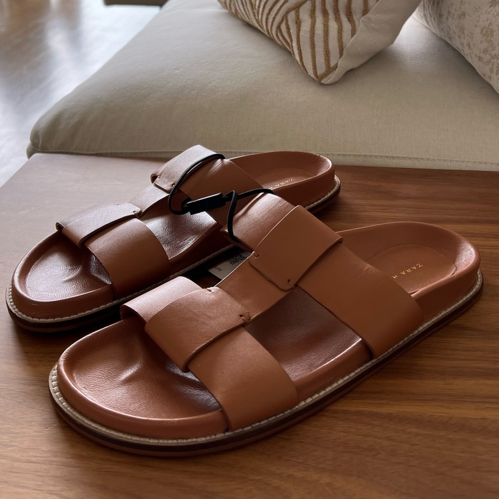 New Zara Home two strap brown leather sandals